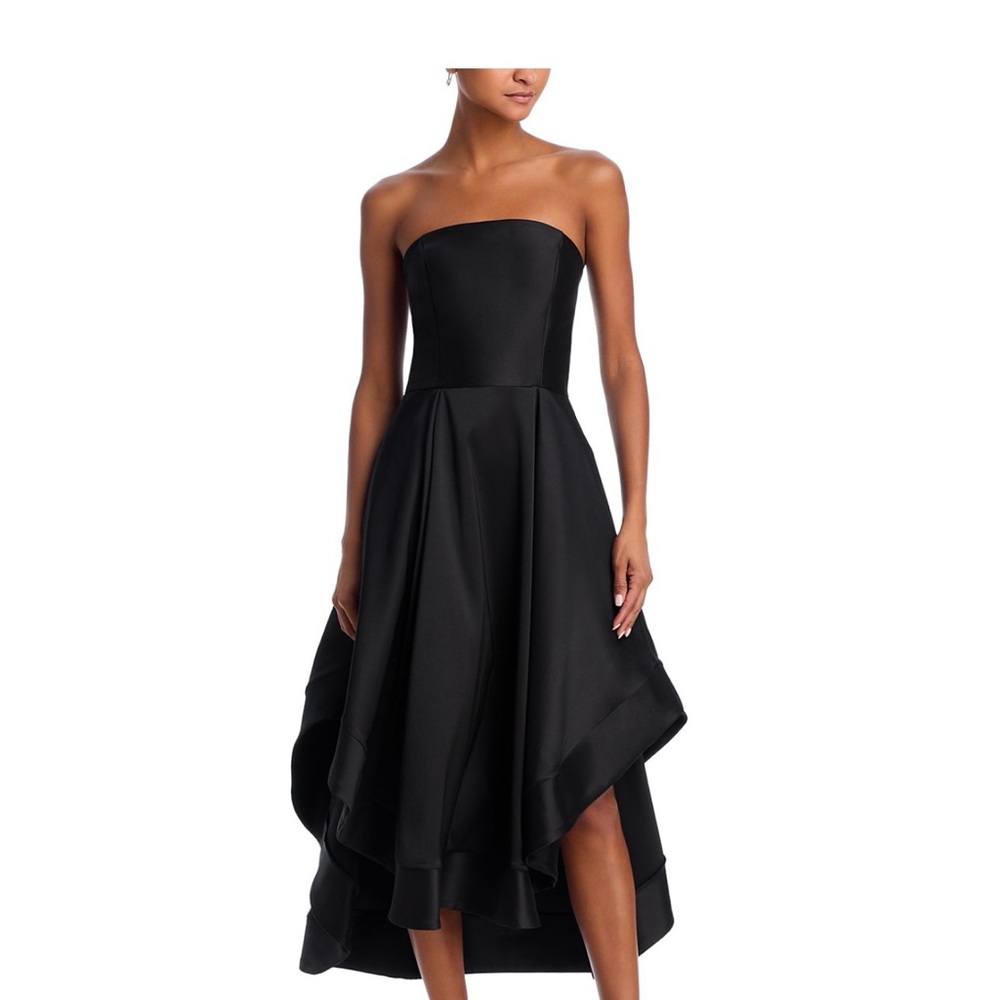 Aqua Formal Mikado Strapless Midi Gown.  Sophisticated Black Strapless Gown. 2